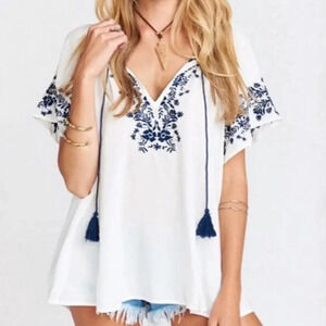 Show Me Your Mumu White Navy Hayden Boho Tunic Peasant TopSize Women's XSMALL